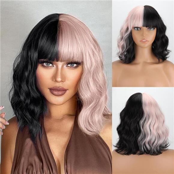 Short Black and Light Pink Wavy Wig with Bangs for Women Heat